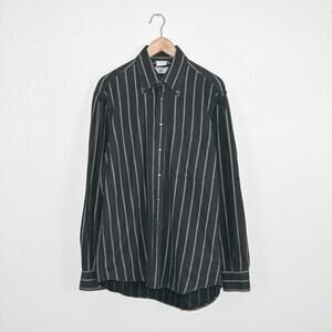 Vtg Luciano Barbera Button Down Flannel Shirt Charcoal Grey stripe size 15 1/2